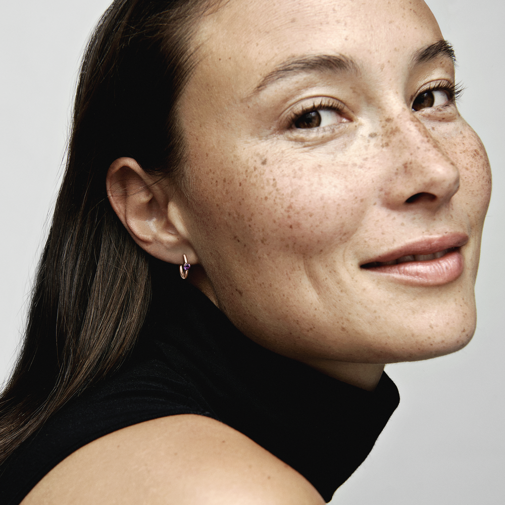 Purple Solitaire Huggie Hoop Earrings