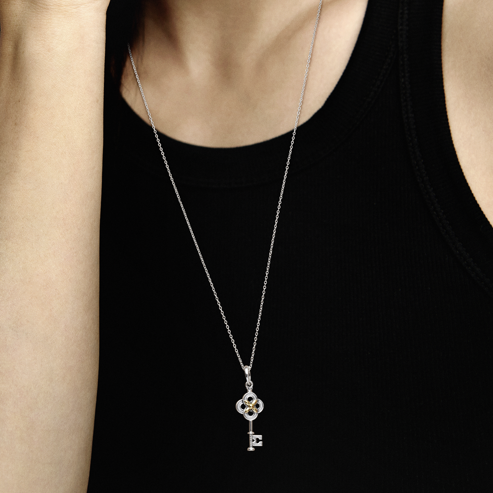 Two-tone Key & Flower Necklace