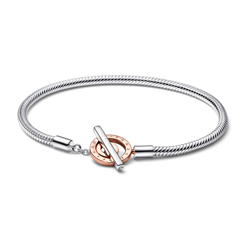 two tone pandora moments logo clasp snake chain bracelet