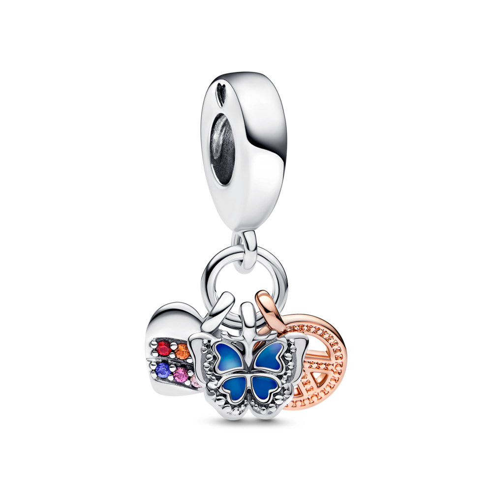 Two-tone Rainbow Heart, Butterfly Peace Triple Dangle Charm