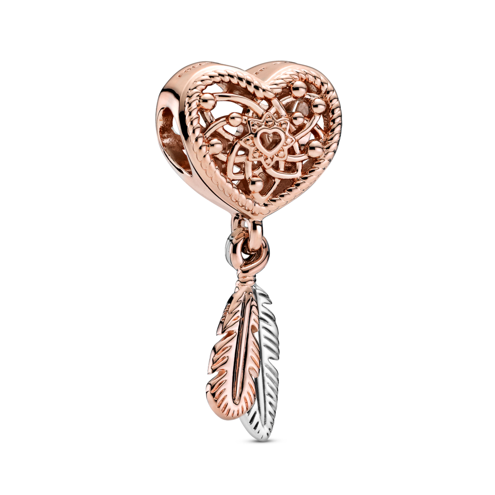 Openwork Heart Two Feathers Dreamcatcher Charm