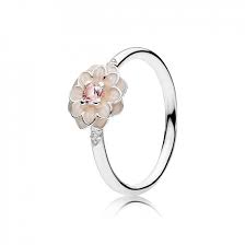 Dahlia silver ring with blush pink crystal, clear cubic zirconia and cream enamel