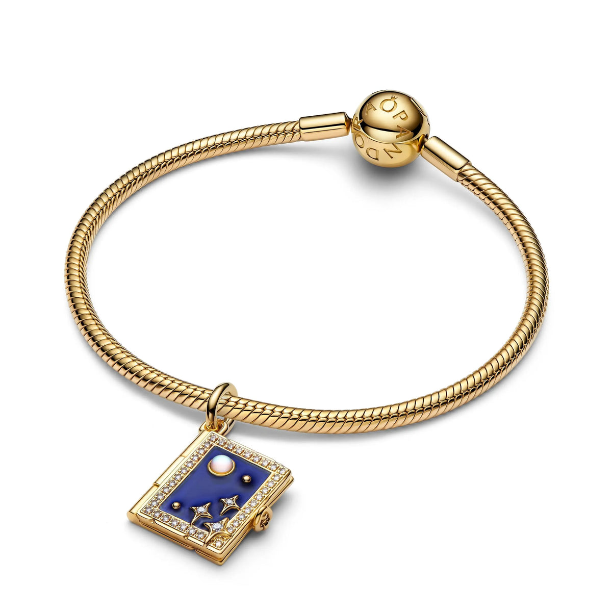 Engravable book 14k gold-plated dangle with clear cubic zirconia, glass and blue enamel