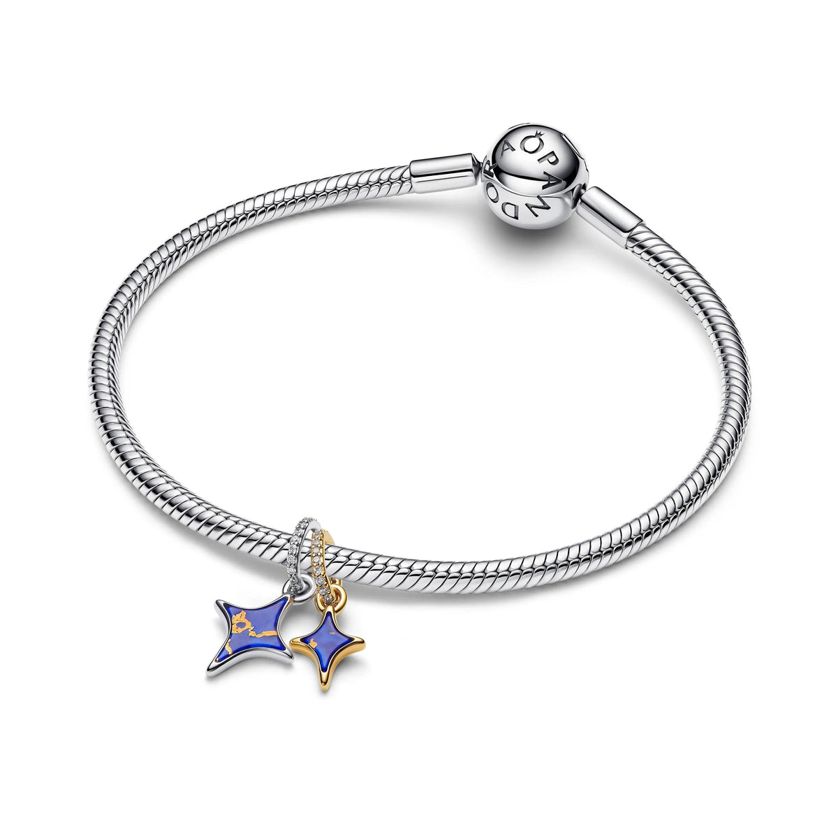 Star duo sterling silver and 14k gold-plated splittable dangle with imitation of lapis lazuli and clear cubic zirconia