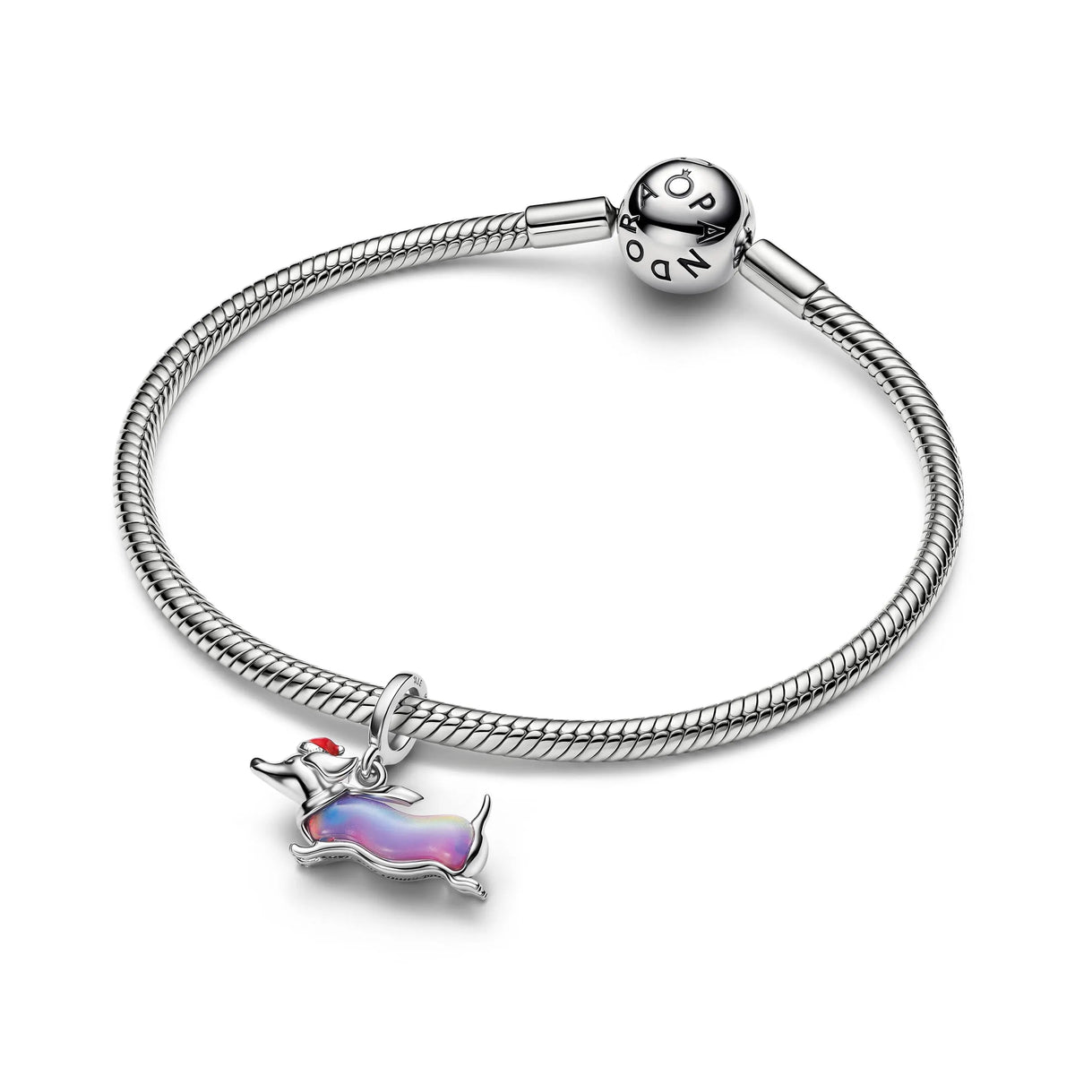 Christmas dachshund platinum-plated dangle with purple lab-created opal, red and black enamel