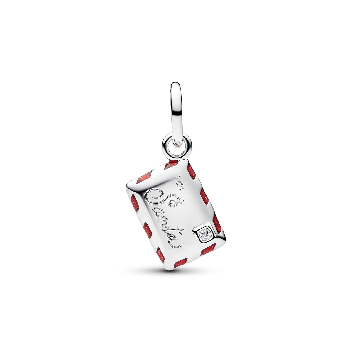 Santa letter sterling silver dangle with clear cubic zirconia, red and green enamel