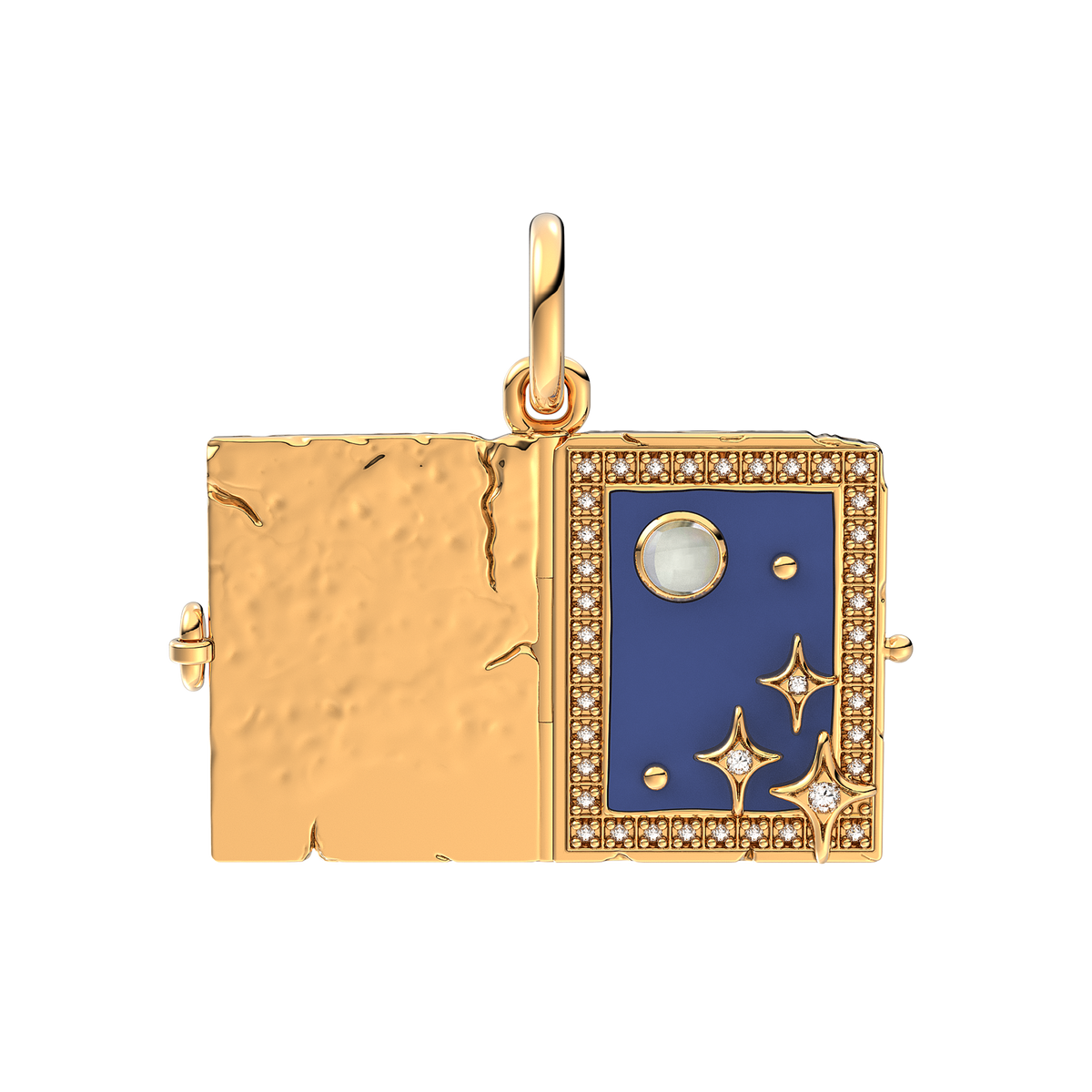 Engravable book 14k gold-plated dangle with clear cubic zirconia, glass and blue enamel