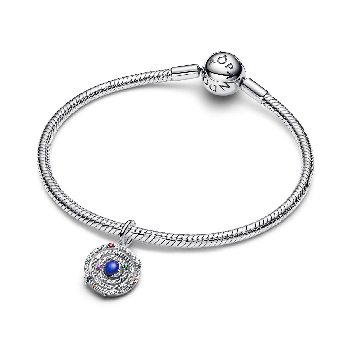 Armillary sphere sterling silver dangle with imitation lapis lazuli, yellow, blue, purple, red crystal and clear cubic zirconia