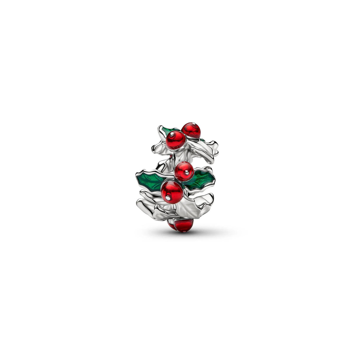 Christmas holly platinum-plated charm with red and green enamel