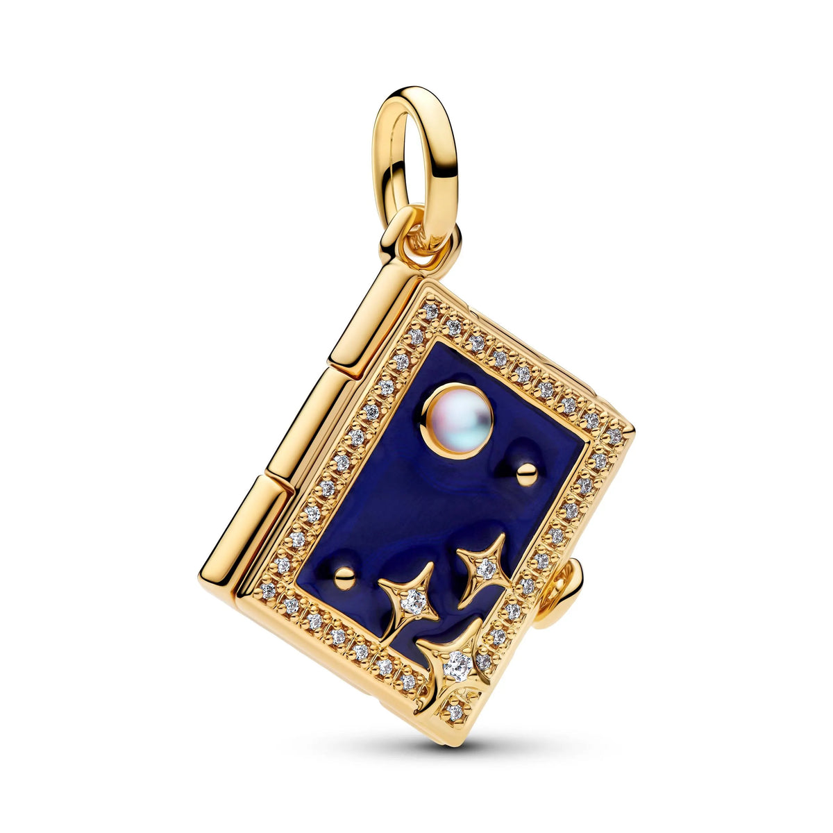 Engravable book 14k gold-plated dangle with clear cubic zirconia, glass and blue enamel