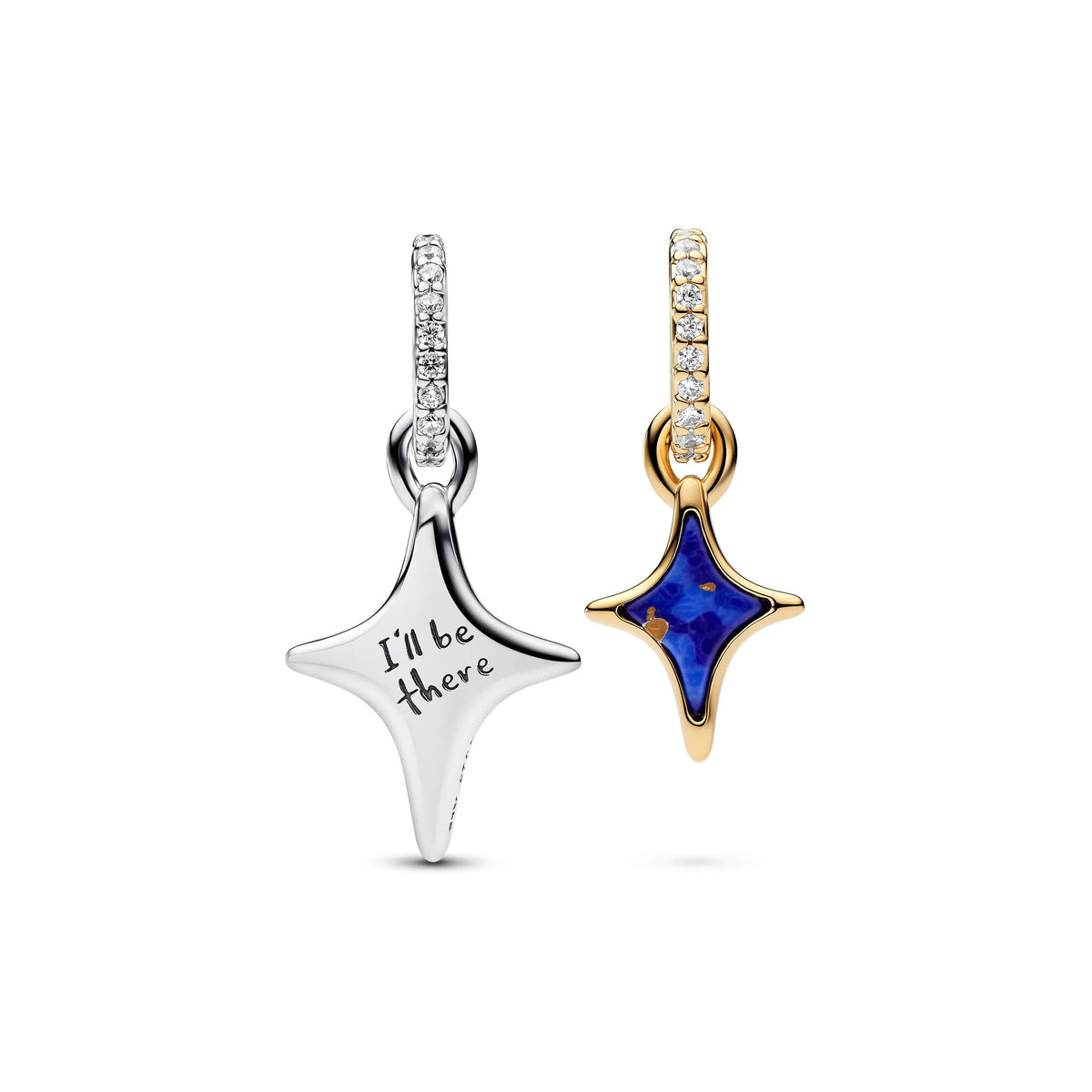 Star duo sterling silver and 14k gold-plated splittable dangle with imitation of lapis lazuli and clear cubic zirconia