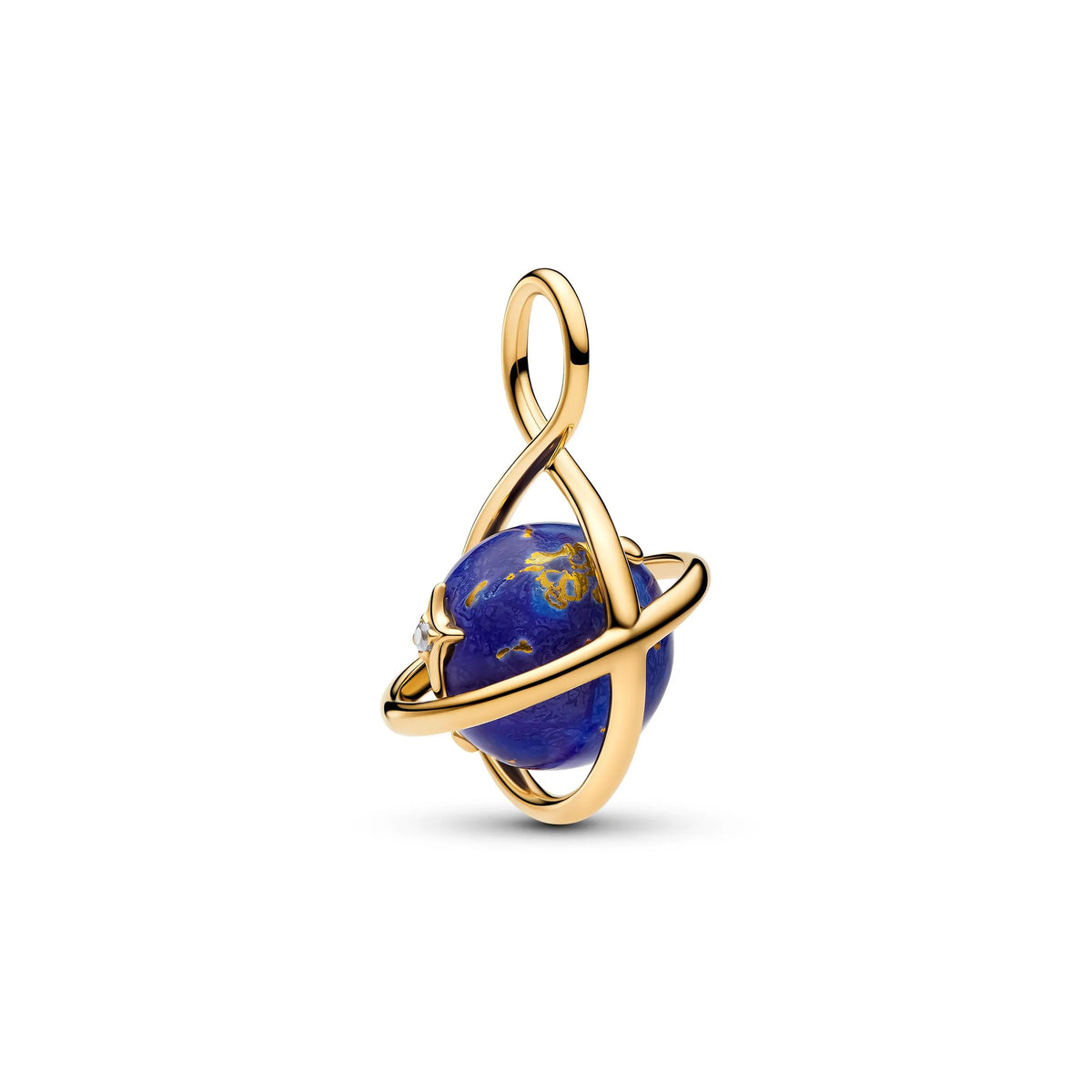 Spinning planet 14k gold-plated dangle with imitation lapis lazuli and clear cubic zirconia
