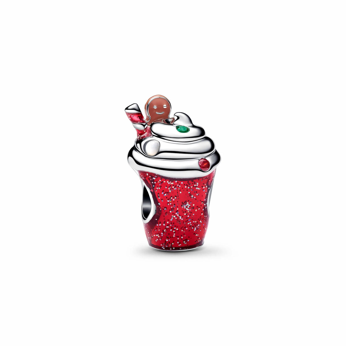 Gingerbread drink sterling silver charm with bioresin man-made mother of pearl, red cubic zirconia, green crystal and enamel