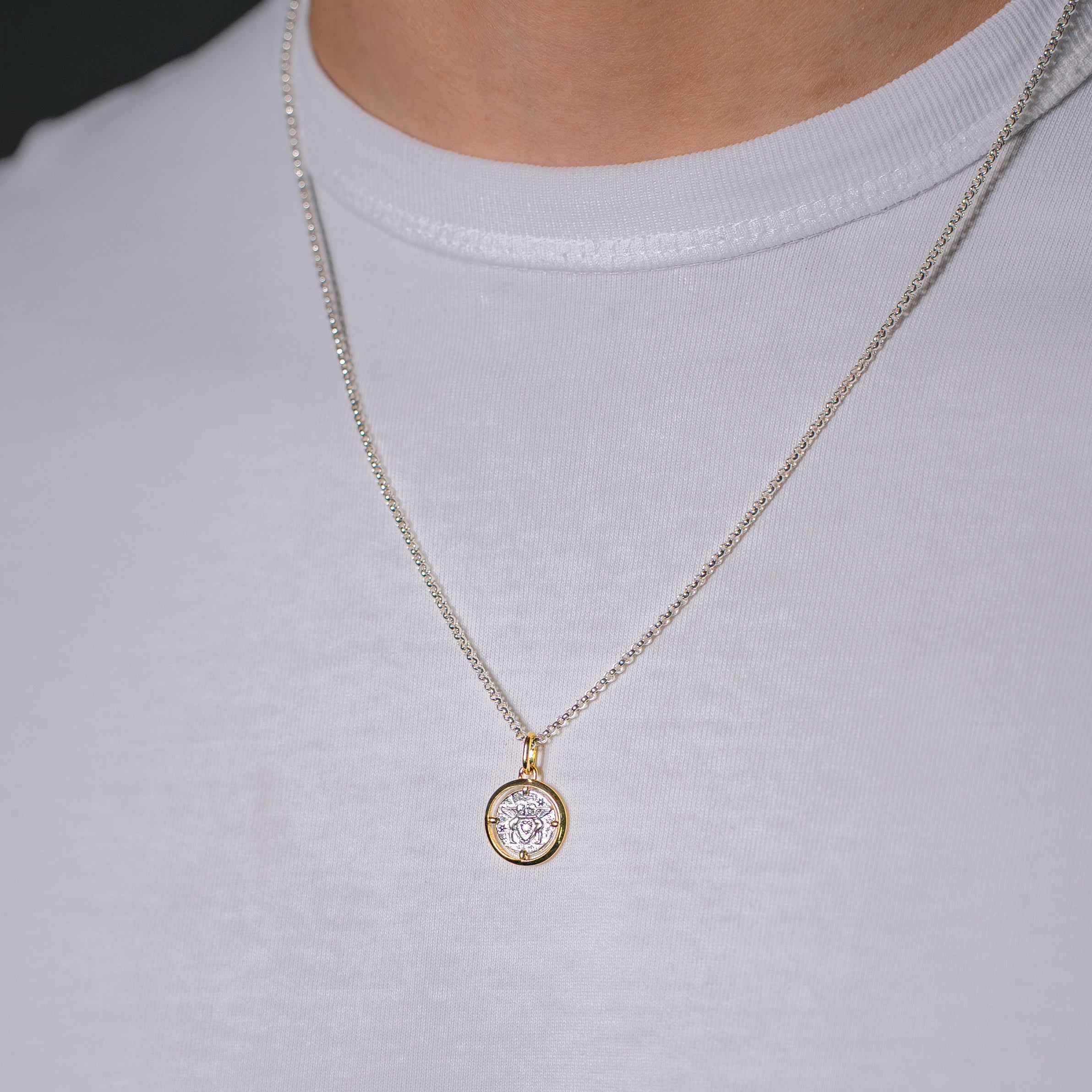 Cupids Medallion Charm
Sterling silver, 14k gold plating
