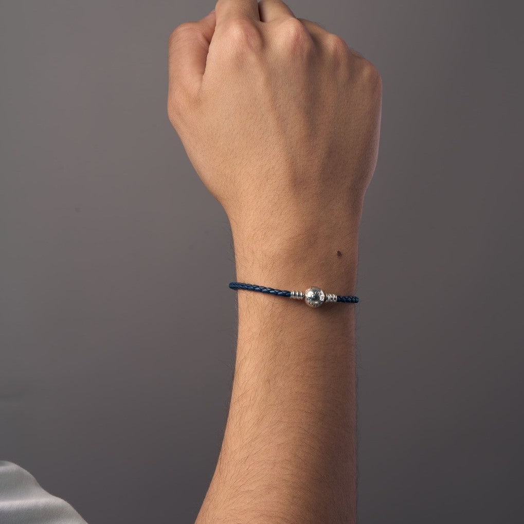 Pandora Moments Round Clasp Blue Braided Leather Bracelet