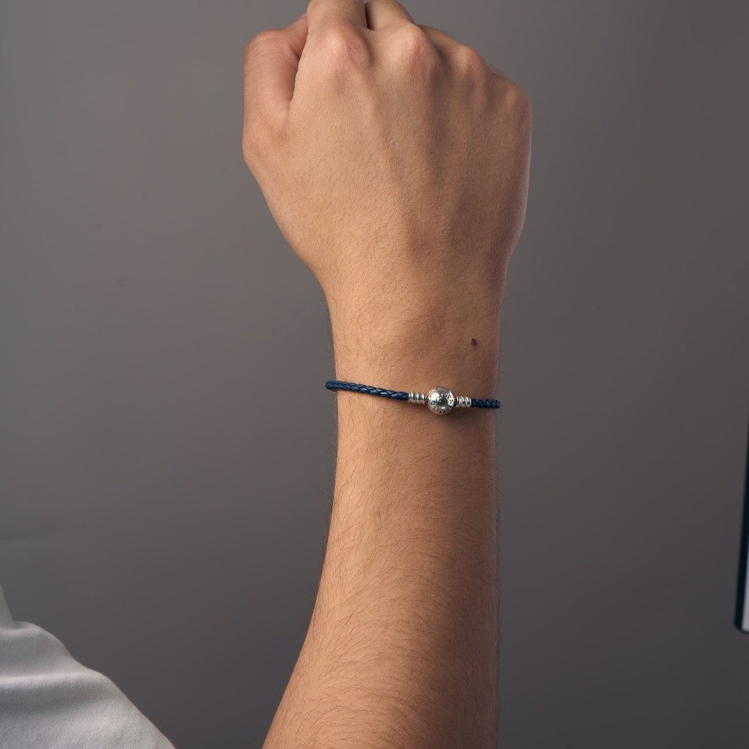 Pandora Moments Round Clasp Blue Braided Leather Bracelet