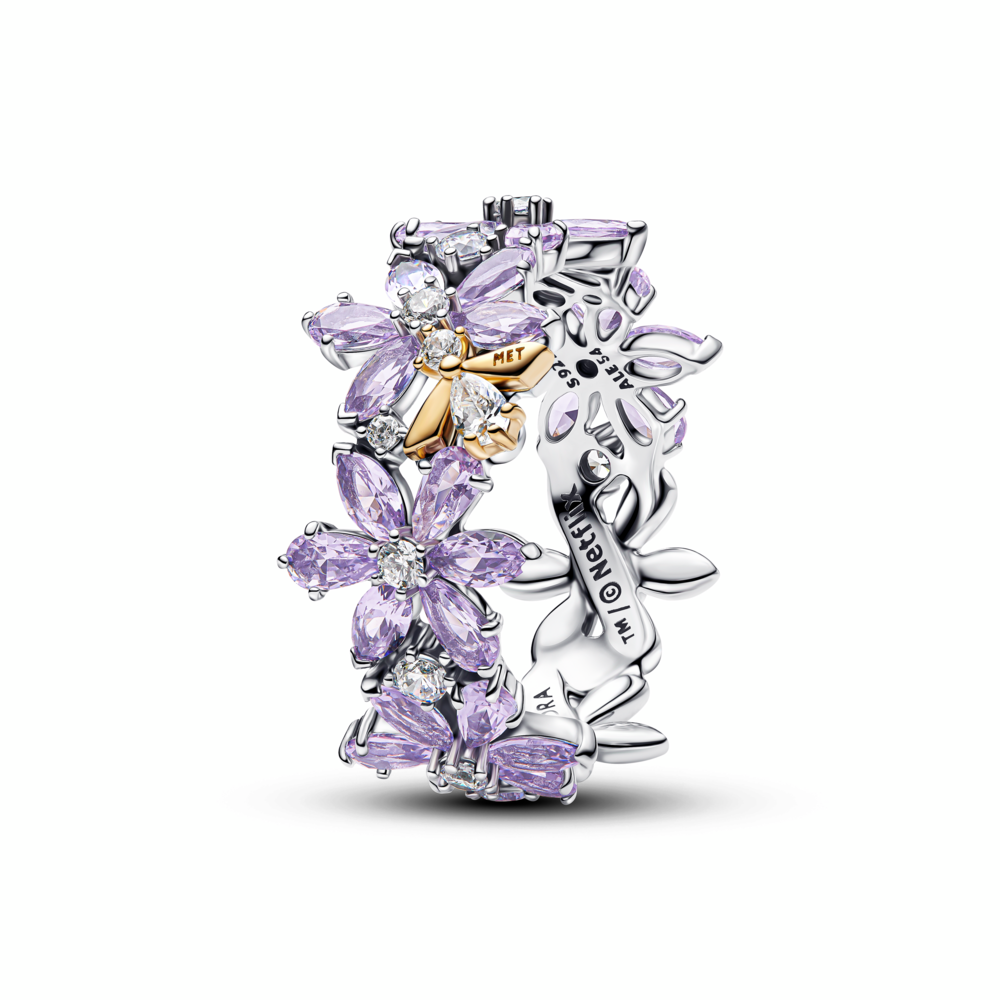 Herbarium and bee sterling silver and 14k gold-plated ring with orchid purple crystal and clear cubic zirconia
