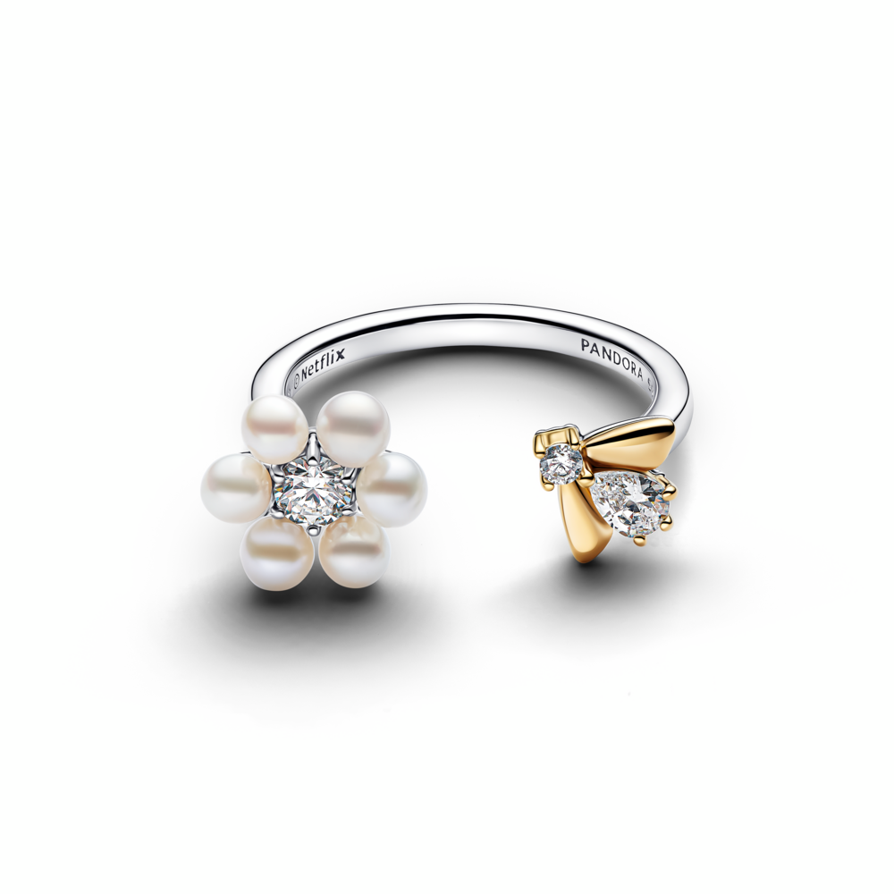 Flower and bee sterling silver and 14k gold-plated open ring with treated white freshwater cultured pearl and clear cubic zirconia