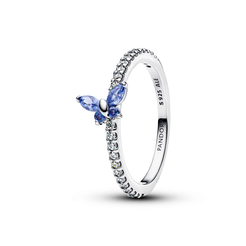 Butterfly sterling silver ring with cornflower blue crystal and clear cubic zirconia