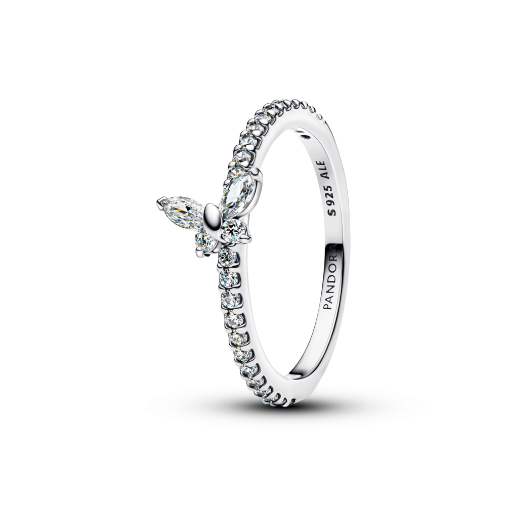 Butterfly sterling silver ring with clear cubic zirconia