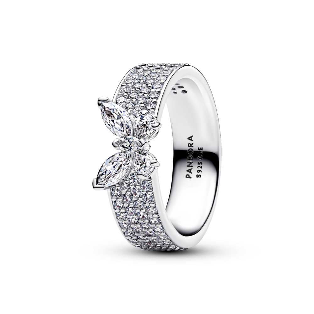 Butterfly sterling silver ring with clear cubic zirconia
