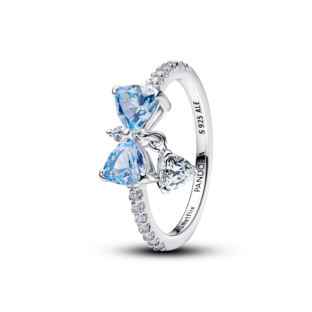 Bow sterling silver ring with dream blue crystal and clear cubic zirconia