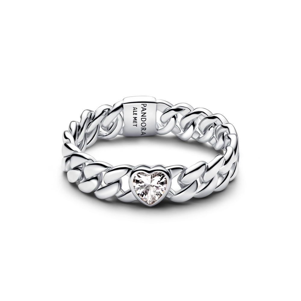 Heart cuban chain sterling silver ring with clear cubic zirconia
