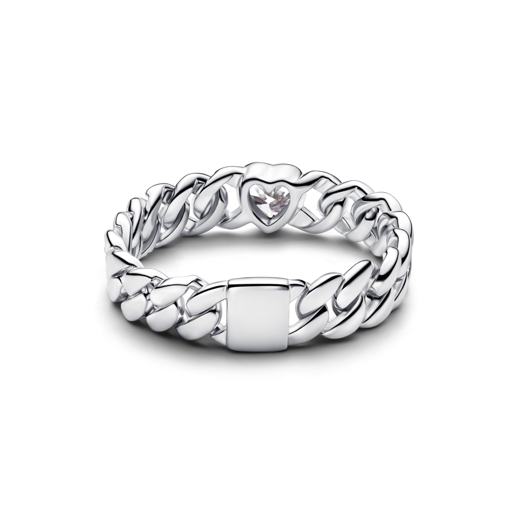 Heart cuban chain sterling silver ring with clear cubic zirconia