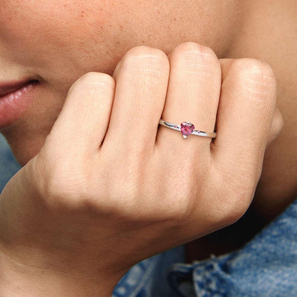 Heart silver ring with red, fancy pink and fancy fuchsia pink cubic zirconia