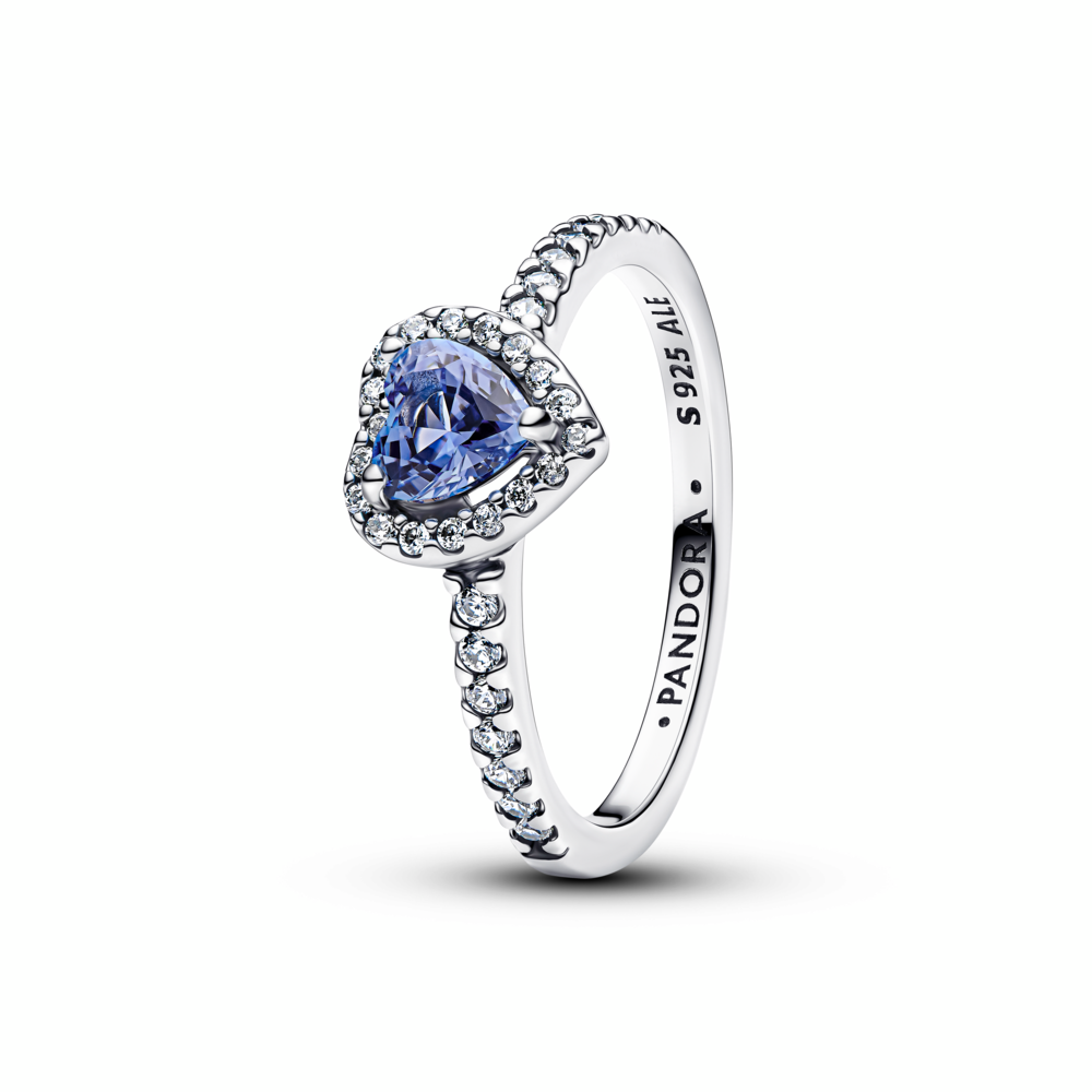 Heart sterling silver ring with cornflower blue crystal and clear cubic zirconia