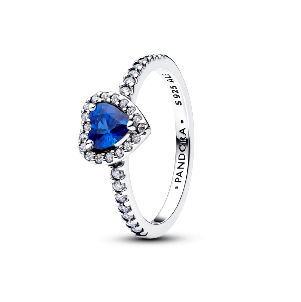 Heart sterling silver ring with princess blue crystal and clear cubic zirconia