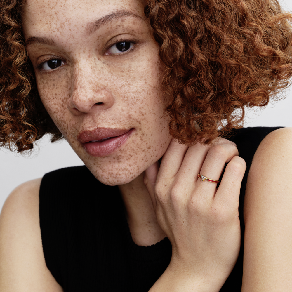 Marvel Iron Man 14k gold-plated ring with clear cubic zirconia and red enamel