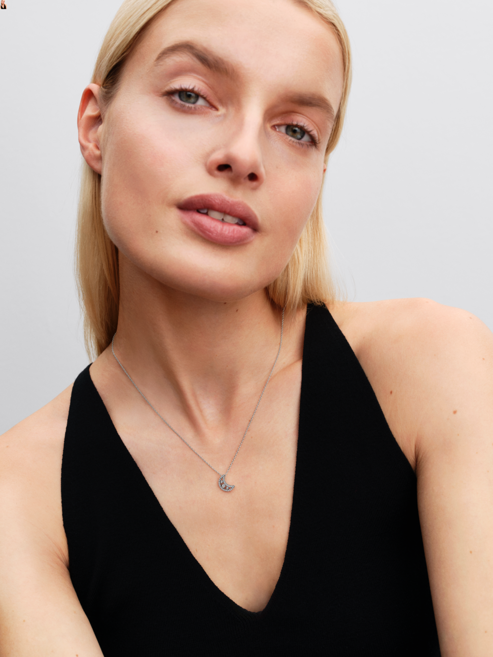 Moon sterling silver pendant necklace with clear cubic zirconia