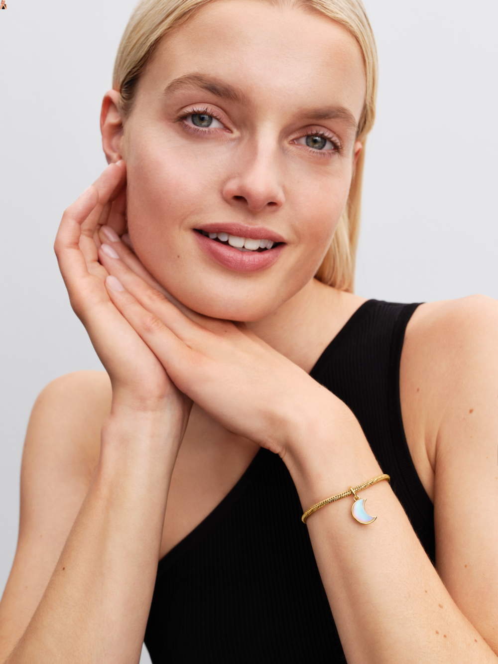 Moon 14k gold-plated dangle with clear cubic zirconia and moonstone iridescent glass