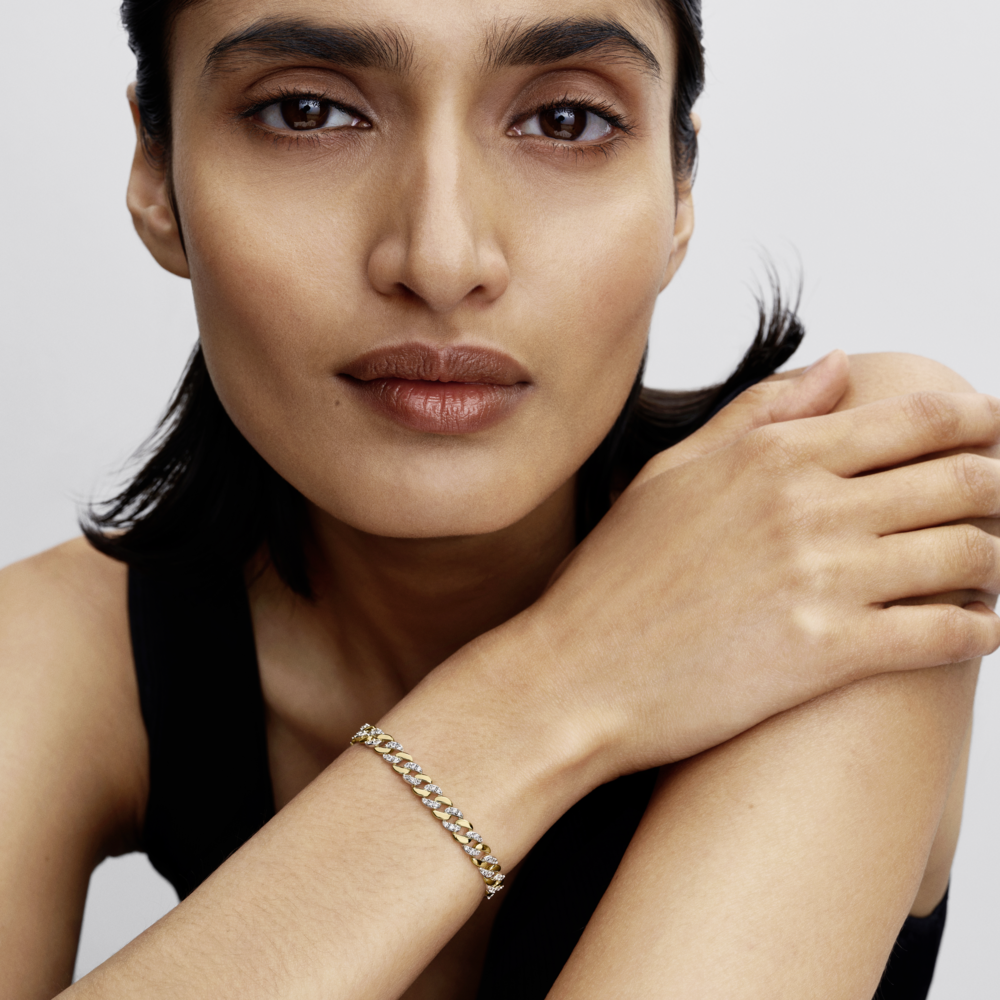 Cuban chain sterling silver and 14k gold-plated bracelet with clear cubic zirconia