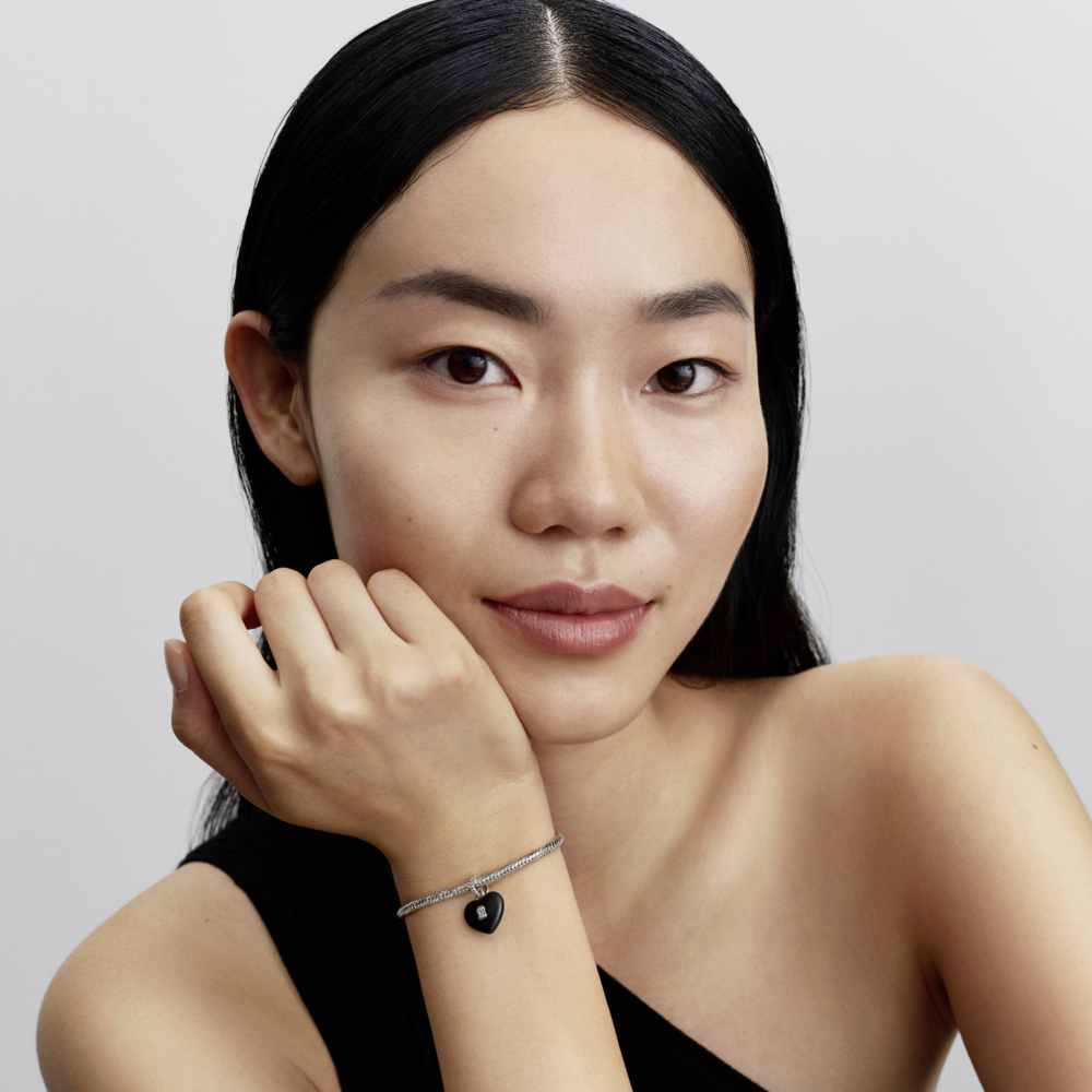 Heart padlock sterling silver dangle with black ceramic and clear cubic zirconia