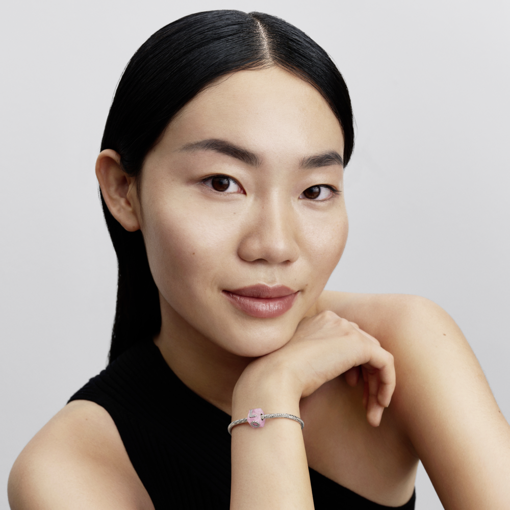 Love cube sterling silver charm with pink Murano glas and  clear cubic zirconia