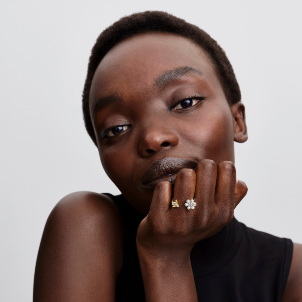 Flower and bee sterling silver and 14k gold-plated open ring with treated white freshwater cultured pearl and clear cubic zirconia