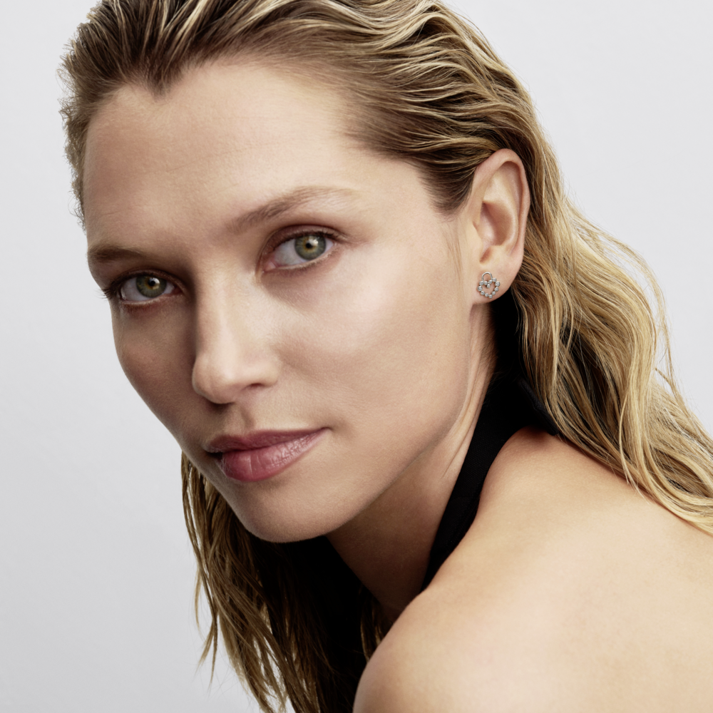 Heart padlock sterling silver stud earrings with clear cubic zirconia