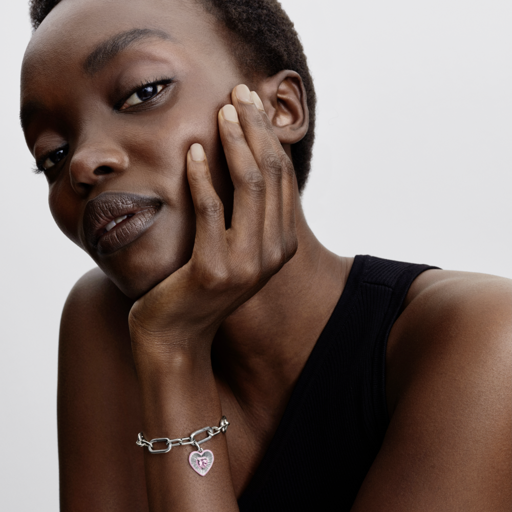 Heart sterling silver medallion with orchid pink crystal and pink enamel