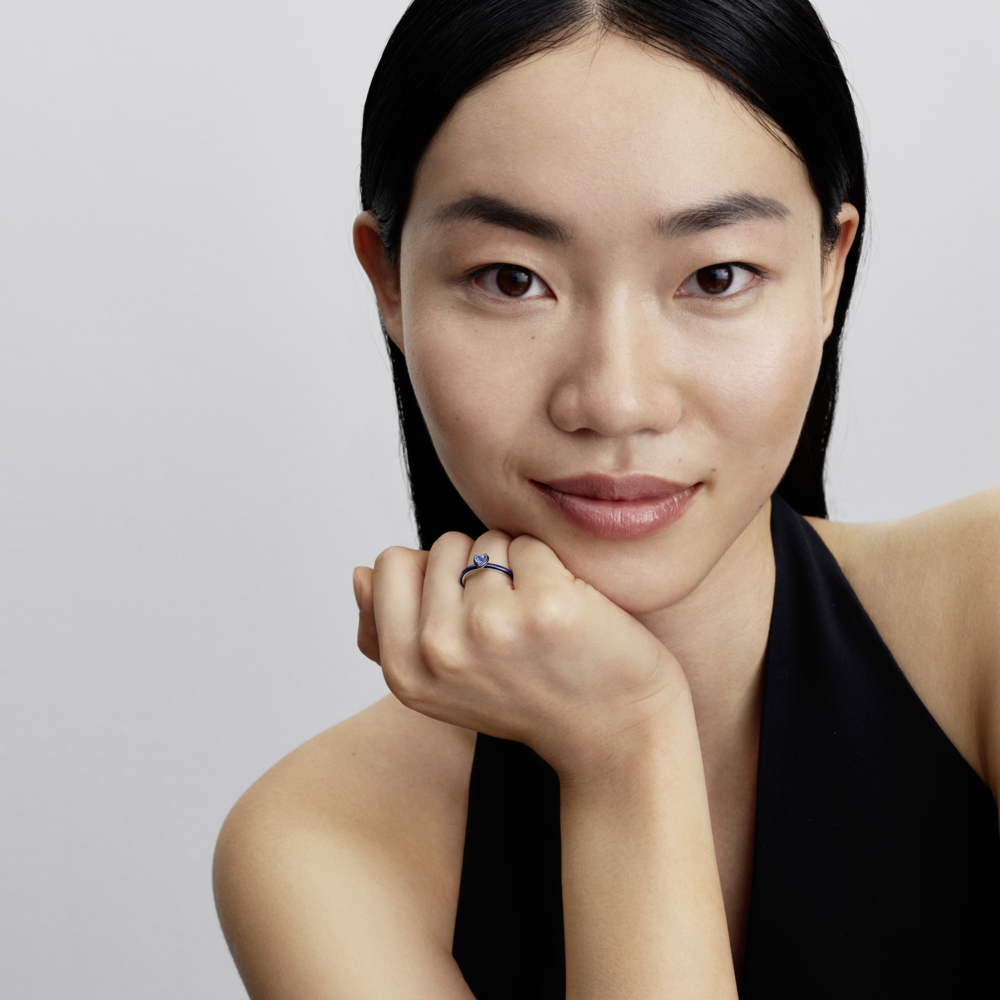 Heart sterling silver ring with blue crystal and blue enamel