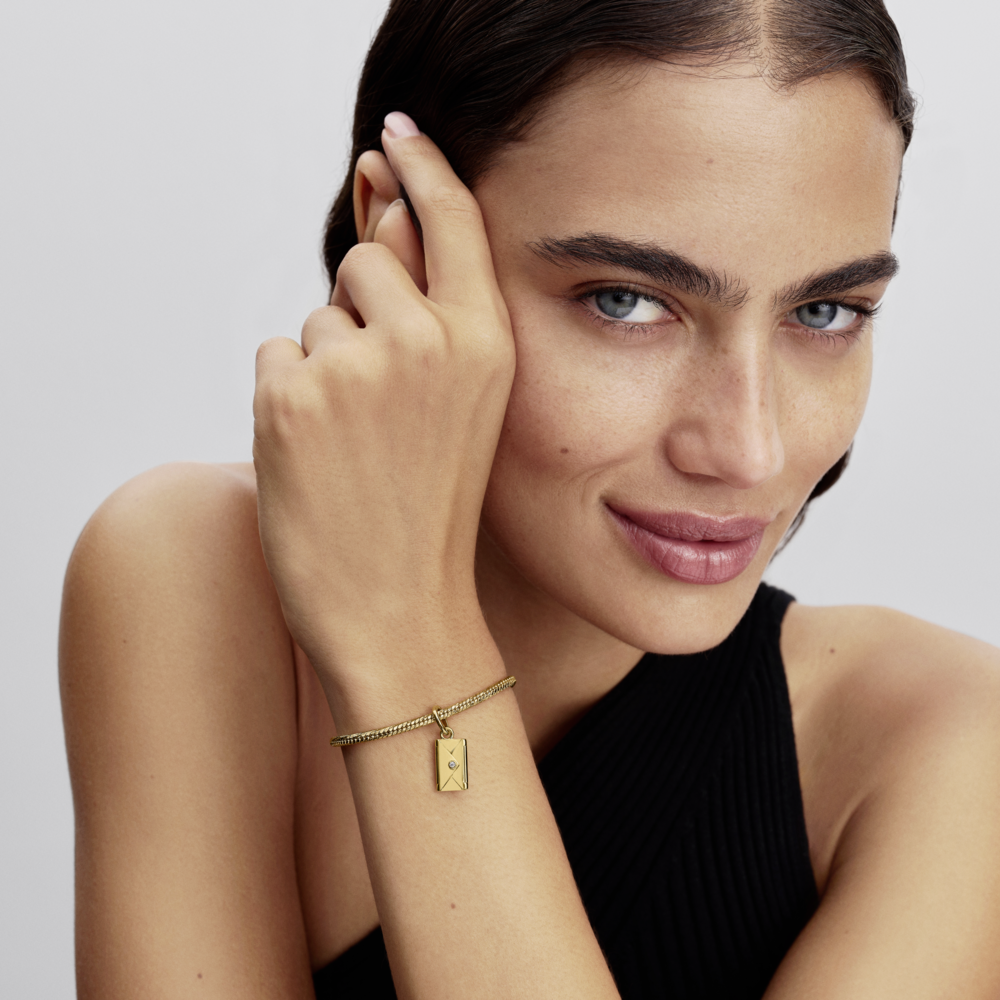 Engravable openable envelope 14k gold-plated dangle with clear cubic zirconia