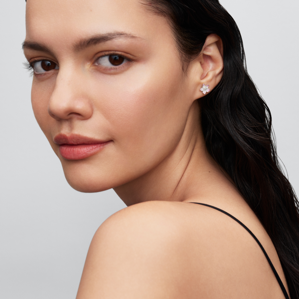 Cherry blossom sterling silver stud earrings with shaded pink enamel