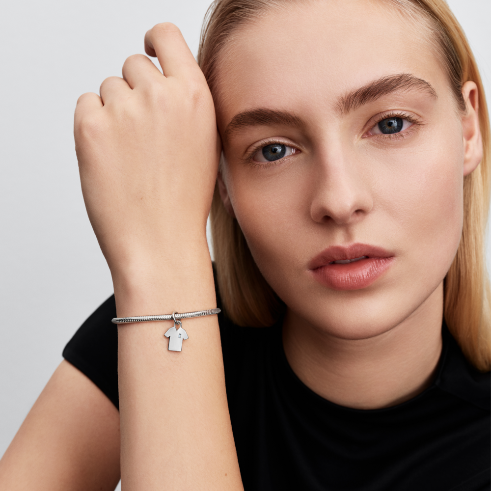 Engravable soccer shirt sterling silver dangle with clear cubic zirconia