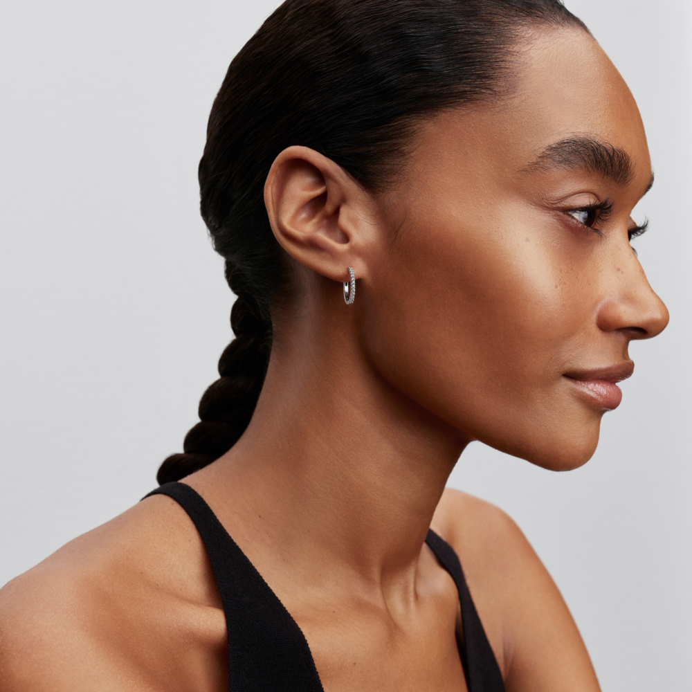 Sterling silver hoop earrings with clear cubic zirconia, 16 mm