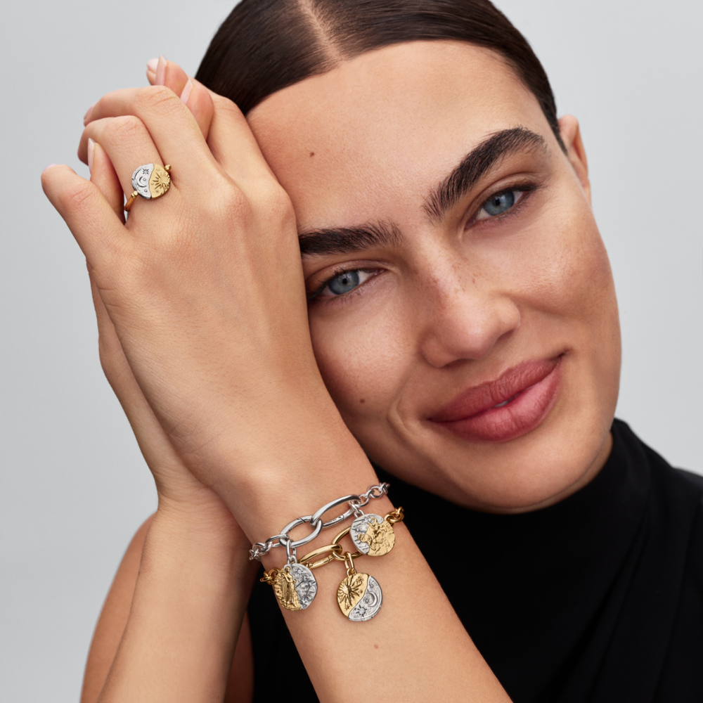 Sun and moon sterling silver and 14k gold-plated spinnable ring with clear cubic zirconia