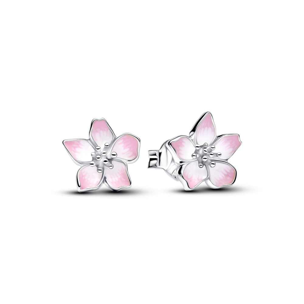 Cherry blossom sterling silver stud earrings with shaded pink enamel