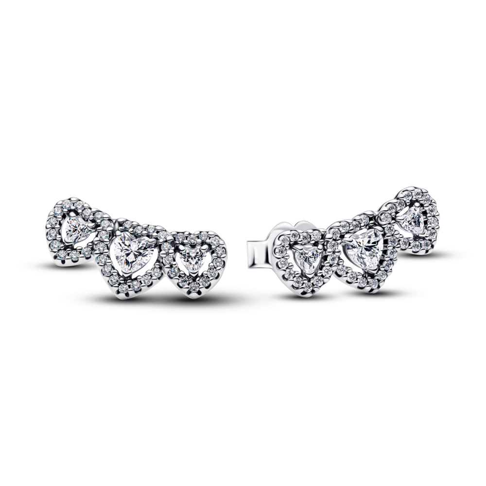 Triple heart sterling silver stud earrings with clear cubic zirconia