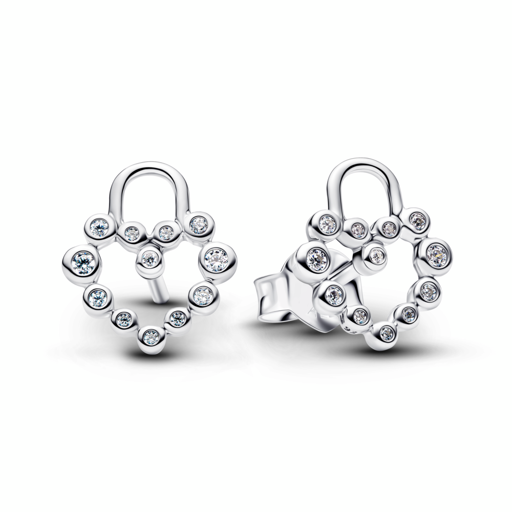 Heart padlock sterling silver stud earrings with clear cubic zirconia