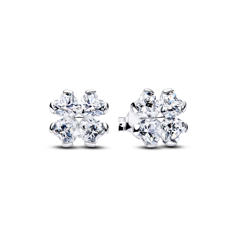 Clover sterling silver stud earrings with clear cubic zirconia